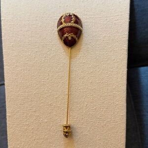 Hat/Stick Pin with Faberge Style Egg in Red Enamel, Pearls & Rhinestones.